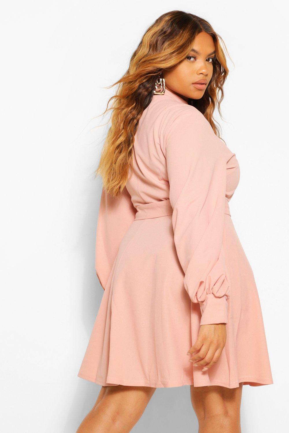 Plus High Neck Blouson Sleeve Skater Dress