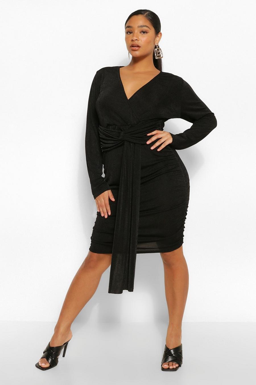 Plus Strukturiertes, drapiertes Mini-Kleid aus glänzendem Jersey mit tiefem Ausschnitt , Schwarz image number 1