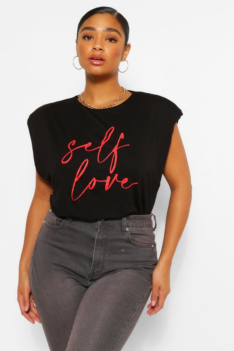 Plus T-Shirt mit „Self Love“-Slogan und Schulterpolstern, Schwarz image number 1