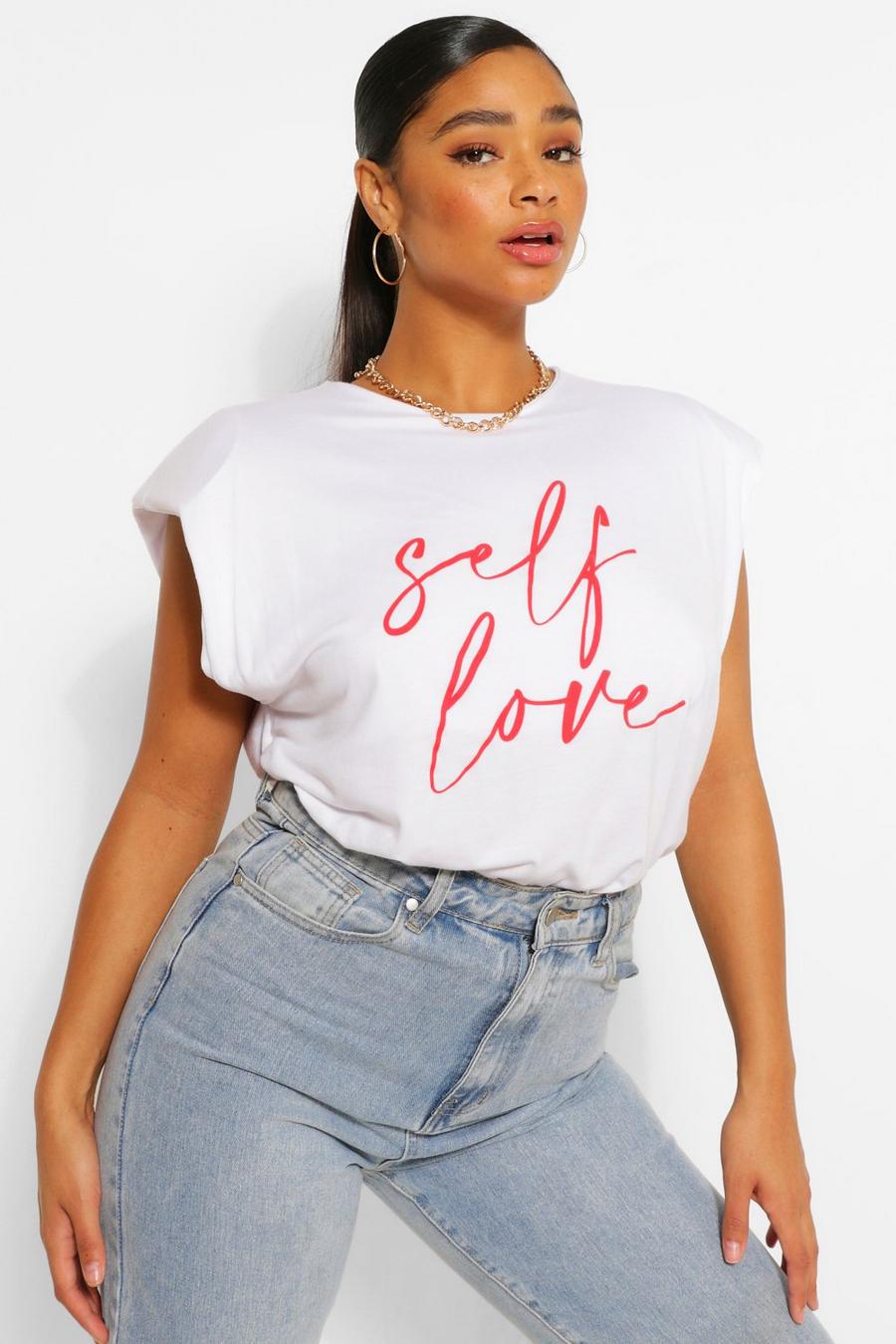 Plus T-Shirt mit „Self Love“-Slogan und Schulterpolstern, Weiß image number 1