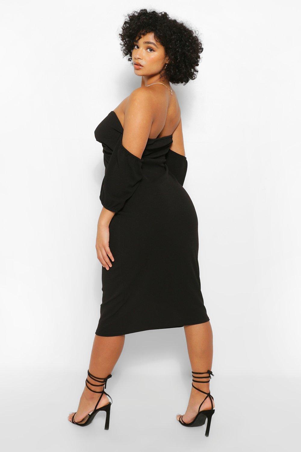 Grande taille Robe mi longue col bardot pliss