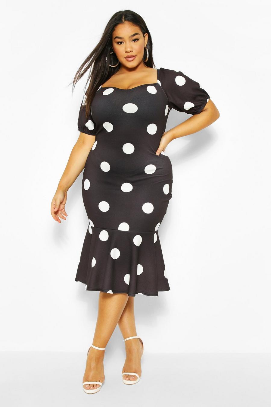 Plus Polka Dot Puff Sleeve Peplum Hem Midi Dress image number 1