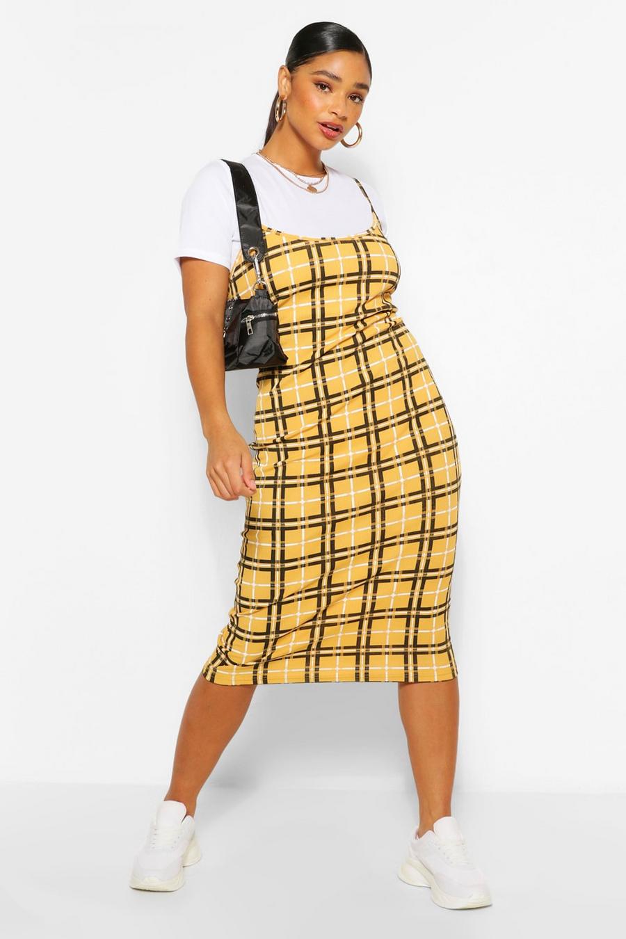 Mustard giallo Plus Check Rib 2 in 1 Pinafore Dress image number 1