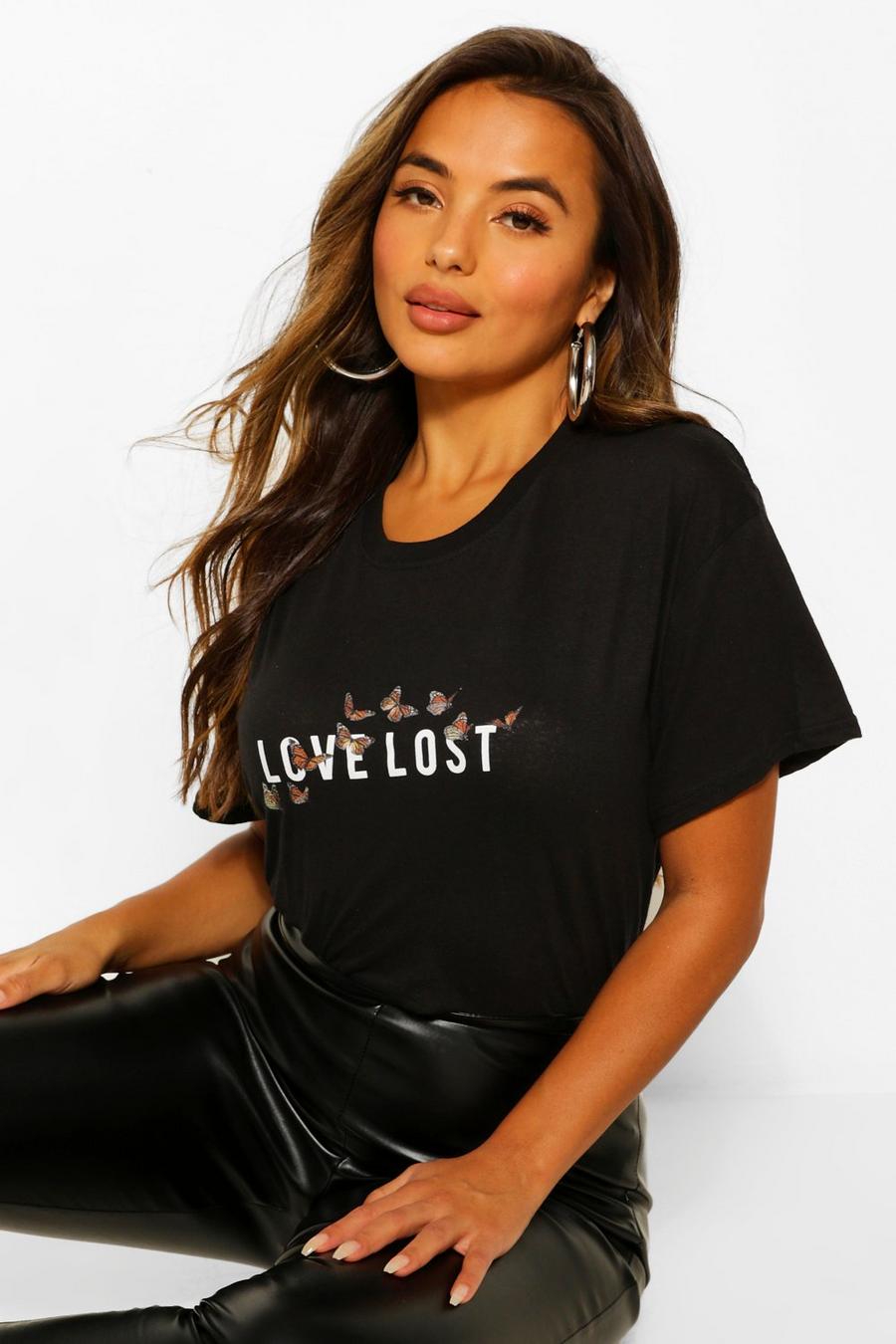 Petite T-Shirt mit Schmetterlings-Print und „Love Lost“-Slogan, Schwarz image number 1