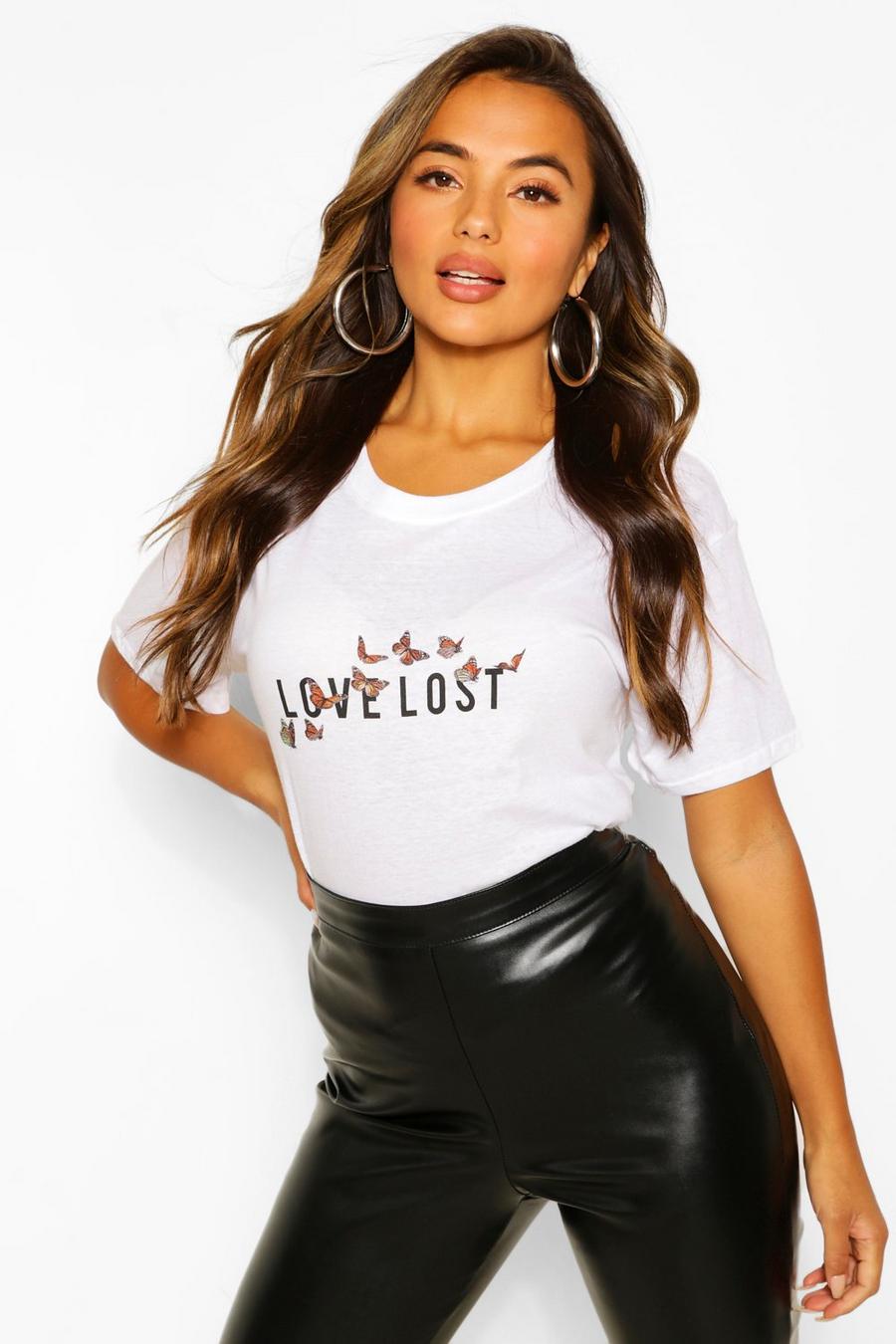White Petite Butterfly 'Love Lost' Slogan T-Shirt image number 1