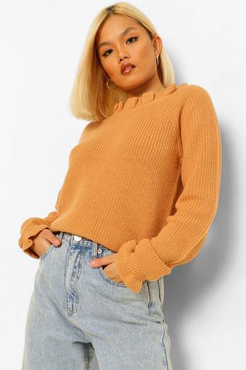Petite Knitted Frill Cuff and Neck Jumper camel