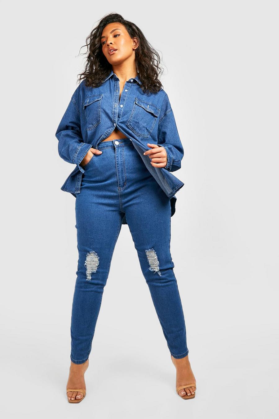 כחול ביניים azul סקיני ג'ינס High Waist עם קרעים מידות גדולות
