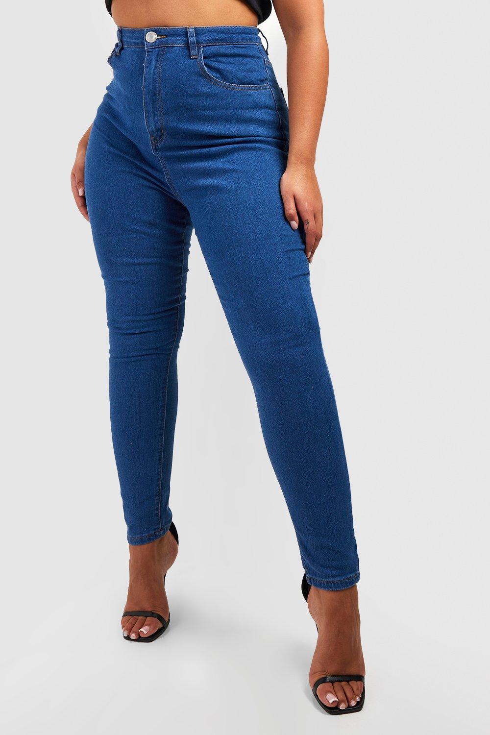 Womens Clothing Jeans Skinny jeans Boohoo Denim Plus 5 Pocket Stretch Skinny Jeans in Mid Blue Blue 