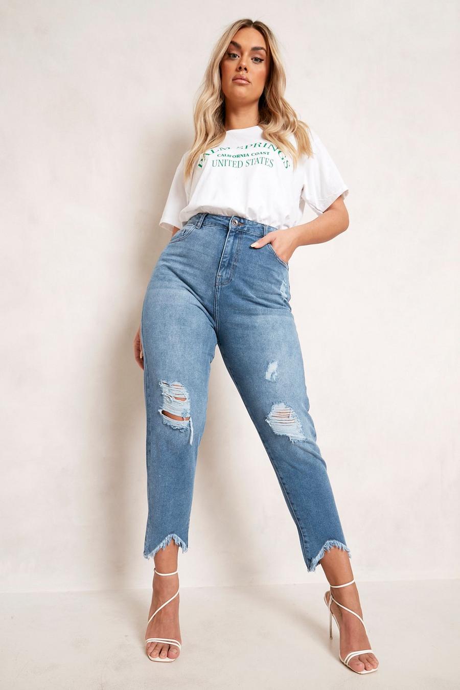 Jeans Mom Plus Size a vita alta effetto smagliato con strappi, Blu medio image number 1