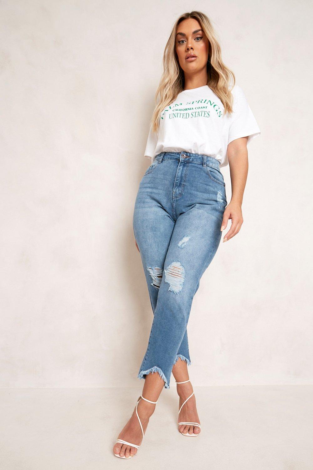 Plus Ripped Distressed High Waist Mom Jeans