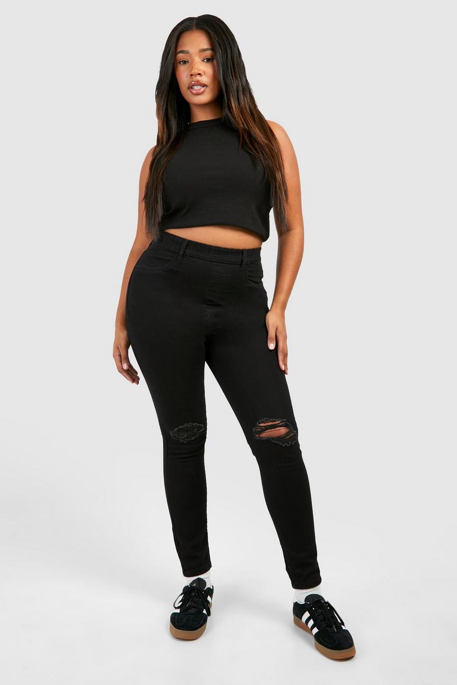 שחור טייץ ג'ינס סקיני עם קרע בברך מידות גדולות image number 1
