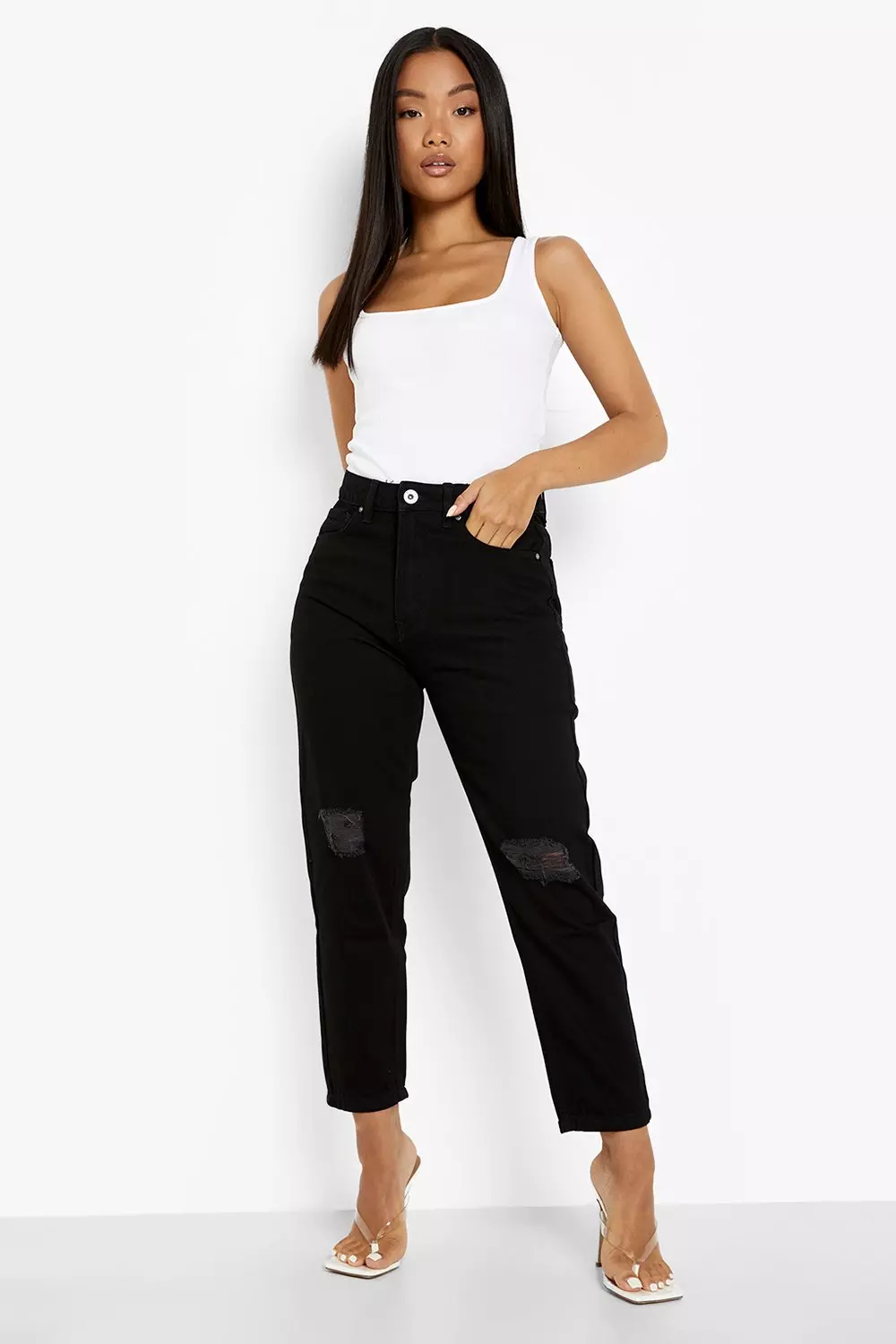 Petite High Rise Distressed Boyfriend Jeans