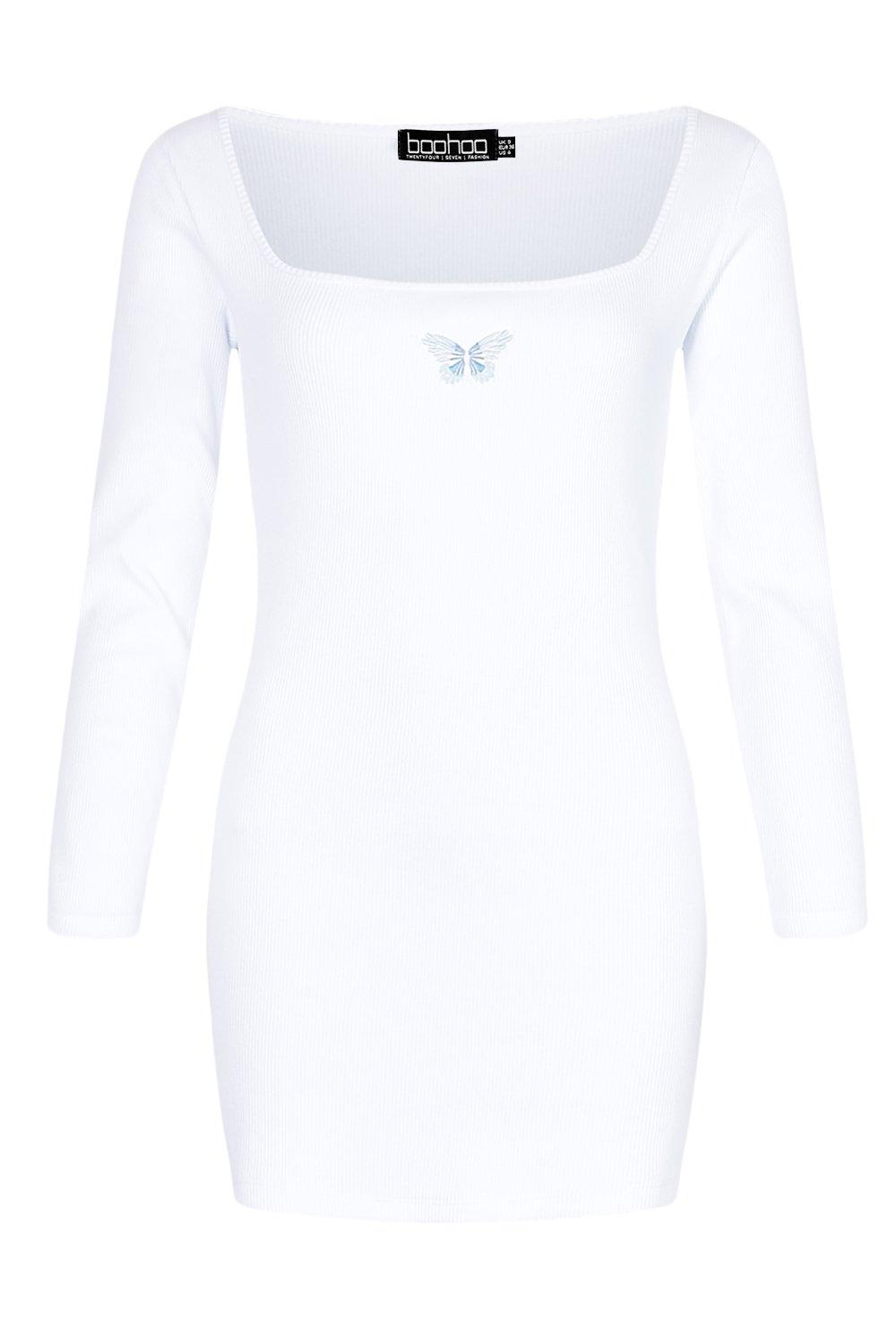 white long sleeve square neck dress