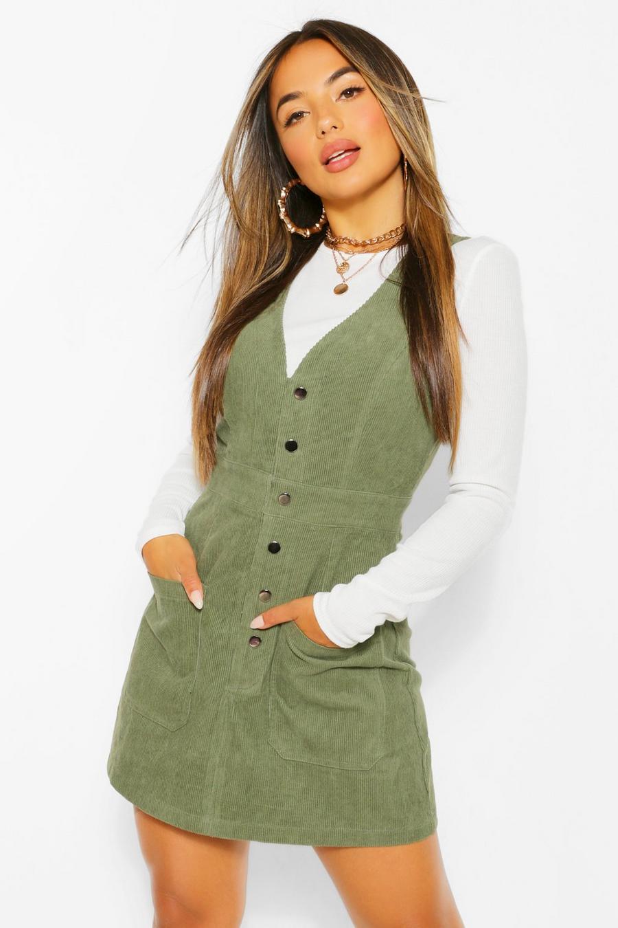Khaki Petite V-Neck Cord Button Front Jumper Dress