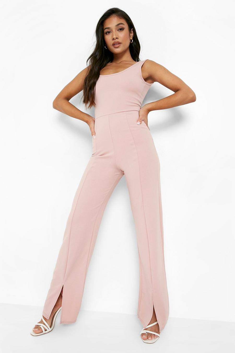 Blush pink Petite - Jumpsuit med fyrkantig halsringning och vida ben med slits image number 1