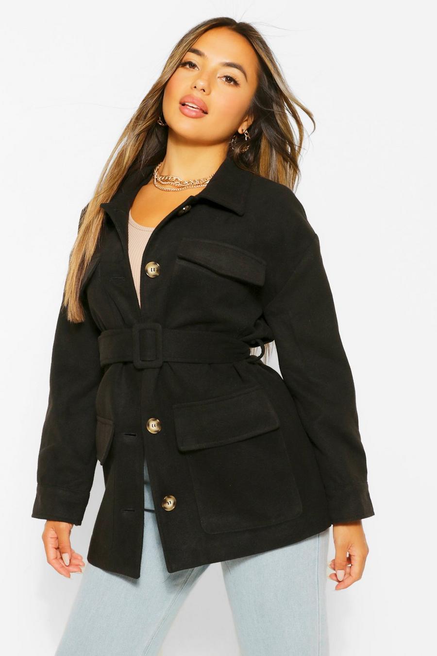 Black Petite Wool Look Belted Jacket image number 1