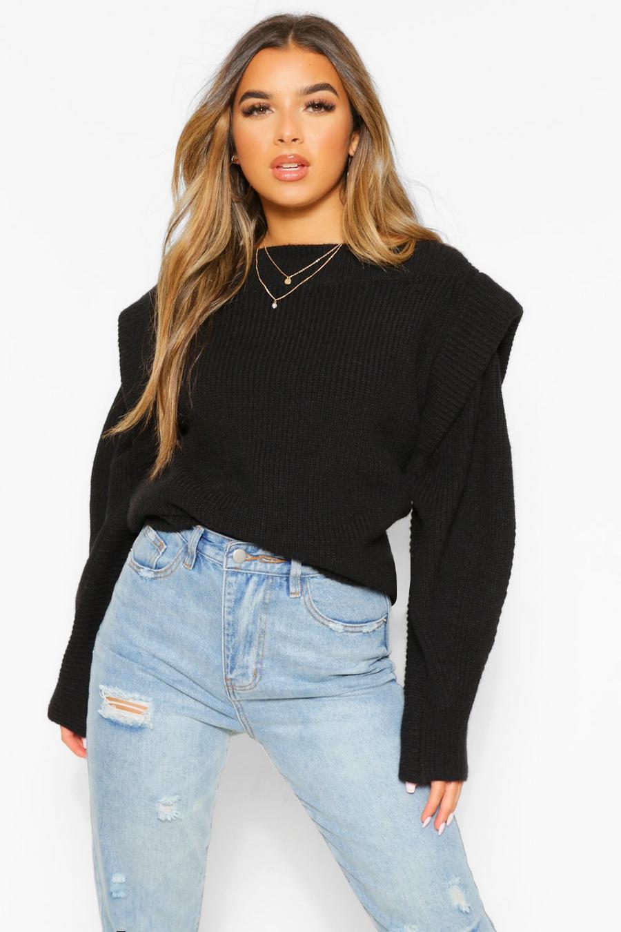 Black Petite Knitted Cap Shoulder Long Sleeve Sweater image number 1