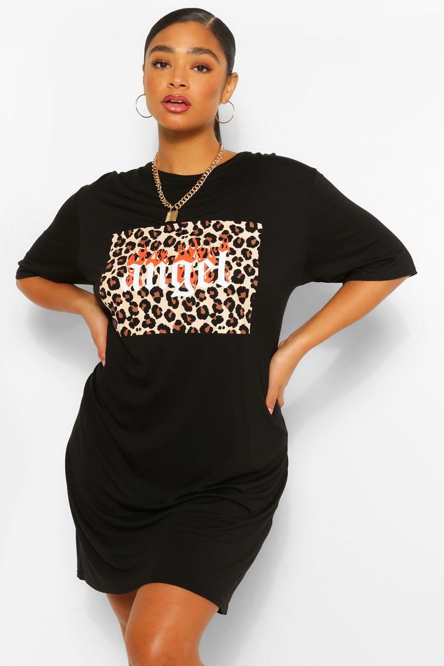 Plus - "Angel" T-shirtklänning med slogan och leopardmönster image number 1