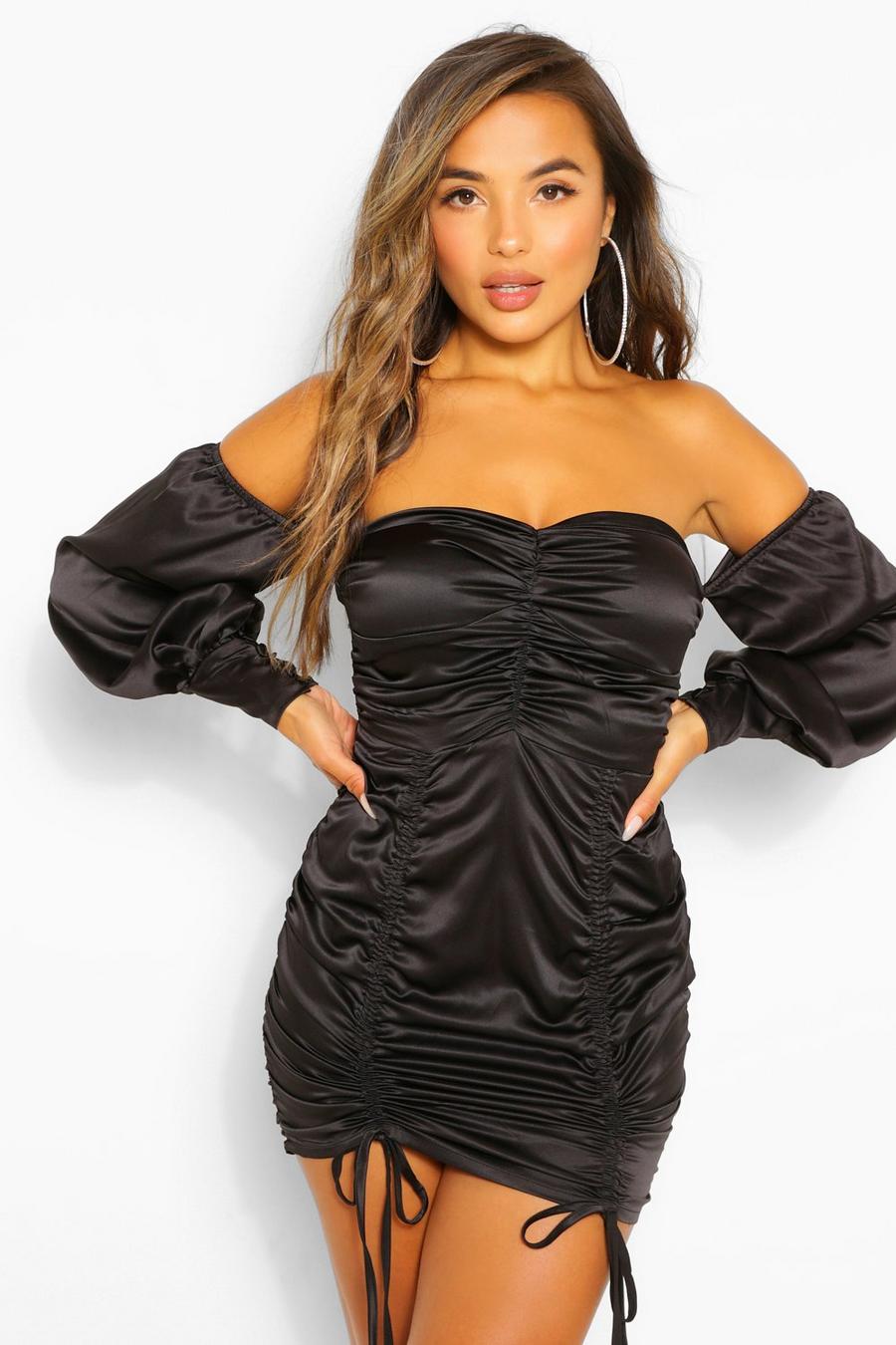 Black Petite Satin Ruched Off The Shoulder Bodycon Dress image number 1