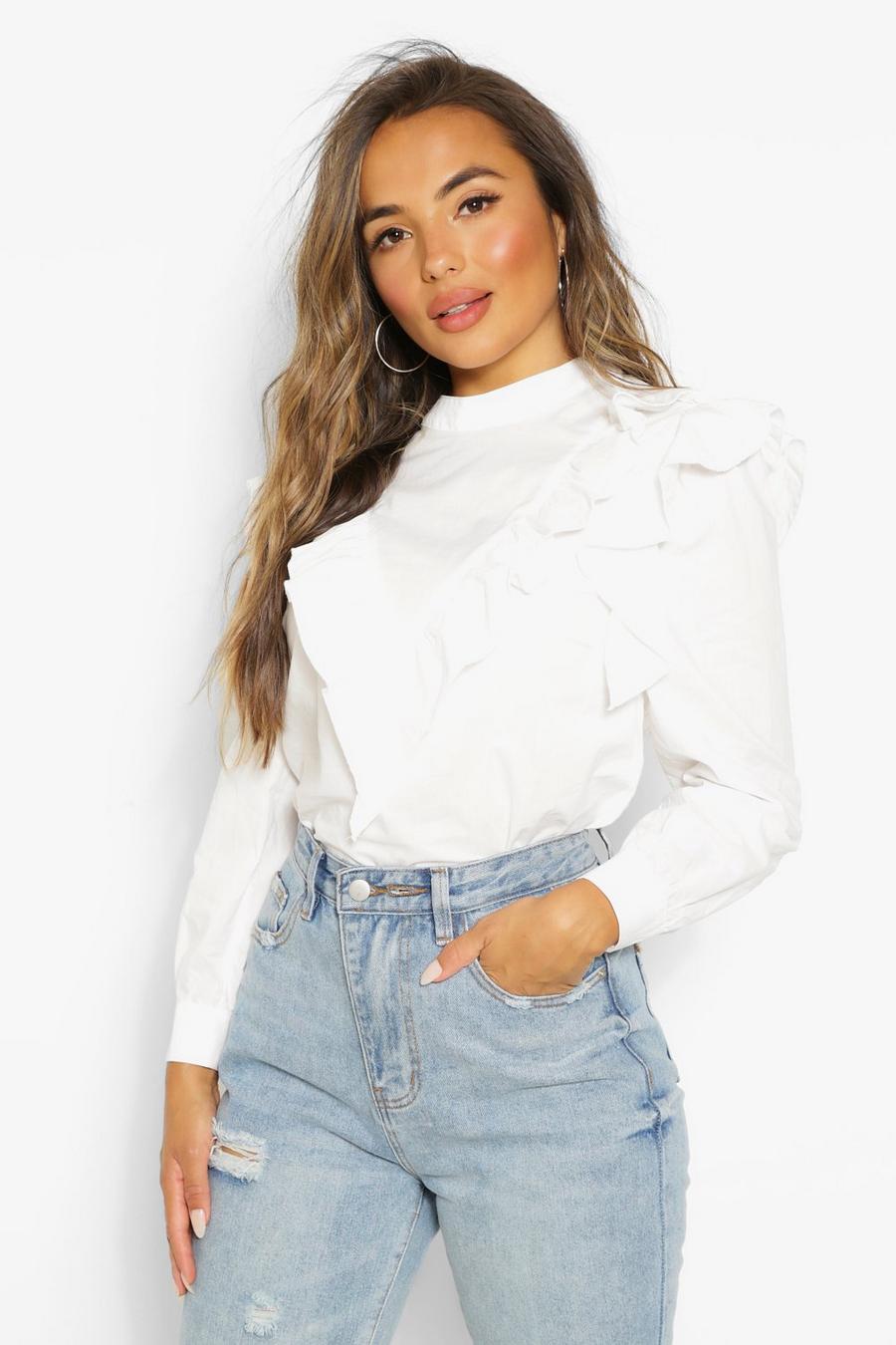 White Petite Frill Collar High Neck Top image number 1