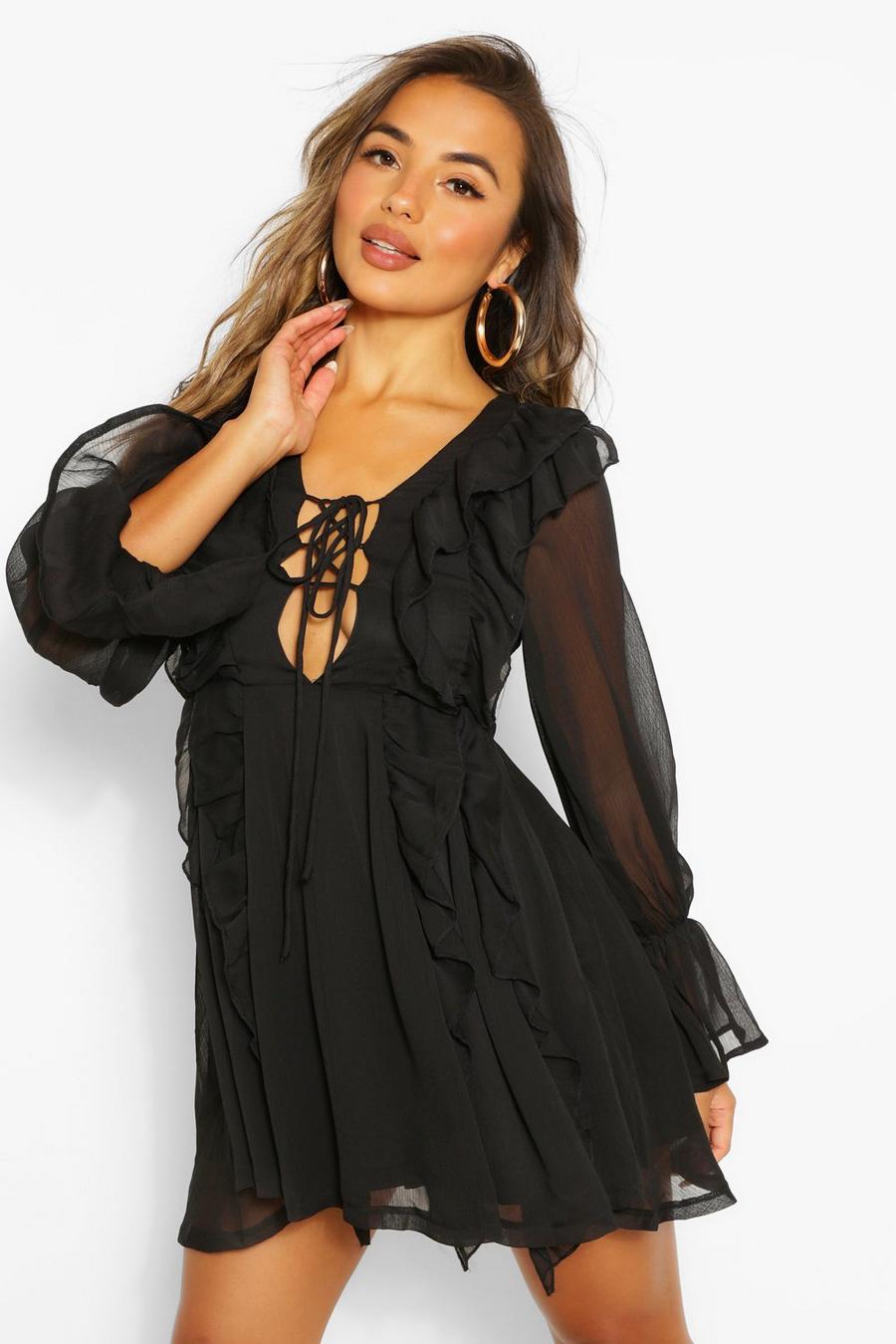 שחור שמלת מיני בסגנון מסולסל עם סגירת שרוך פטיט image number 1