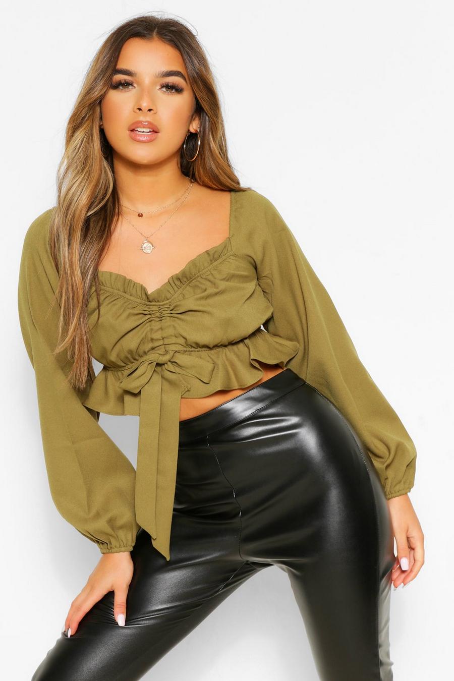 Olive Petite Ruched Front Long Sleeve Top image number 1