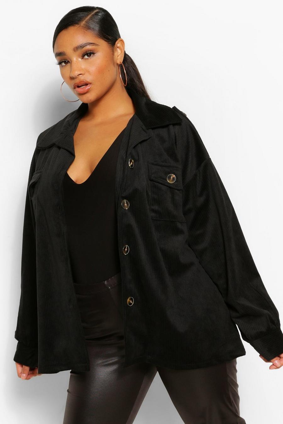 Grande taille - Veste chemise oversize en gros velours côtelé , Black image number 1