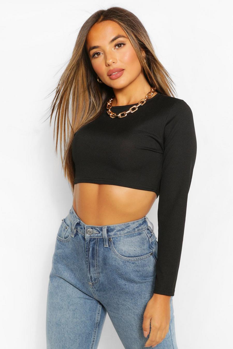 Petite Rib Crew Neck Long Sleeve Crop Top image number 1