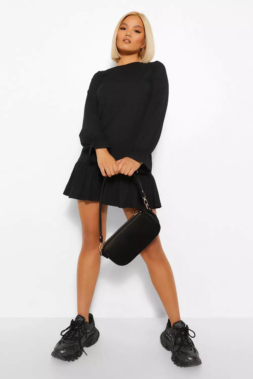 Black long sleeve shop frill hem shift dress