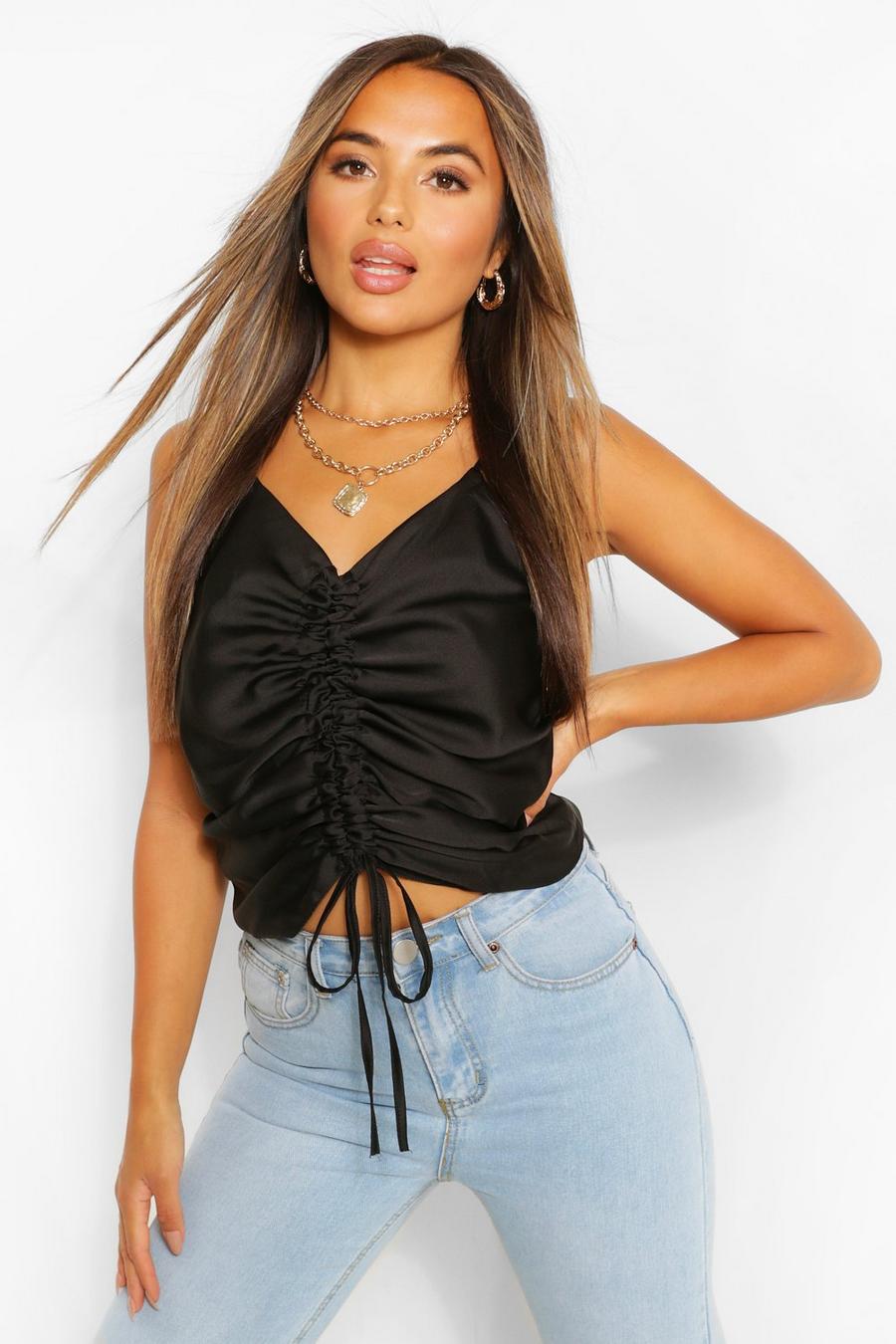Black Petite Satin Ruched Front Cami Top image number 1