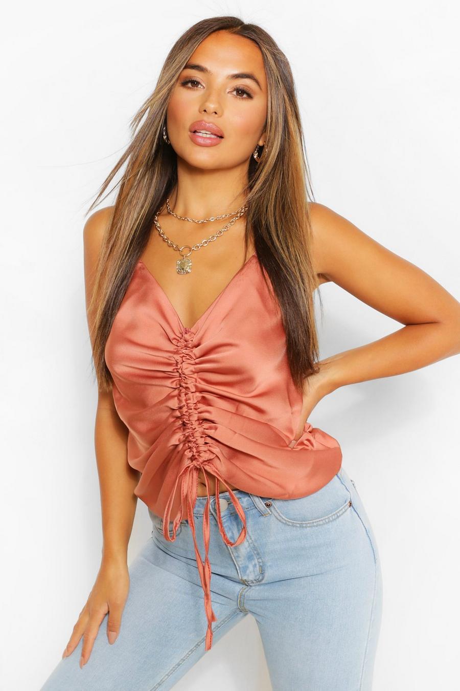 Rust Petite Satin Ruched Front Cami Top image number 1