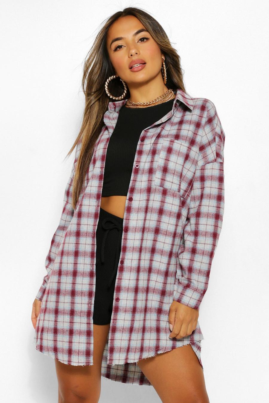 Burgundy Petite Oversized Frayed Check Shirt image number 1