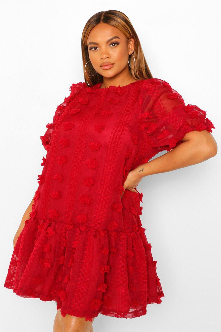 Berry Plus Textured Dobby Puff Sleeve Smock Dress image number 1
