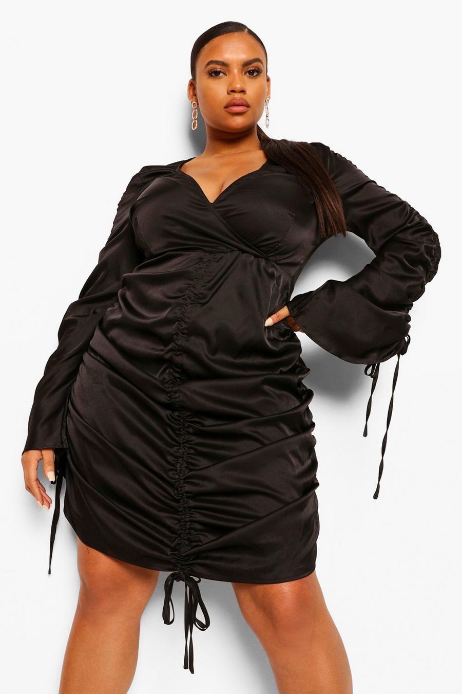 שחור שמלת שיפט עם צווארון גבוה וקשירה במותן בעיטור קפלים מידות גדולות  image number 1