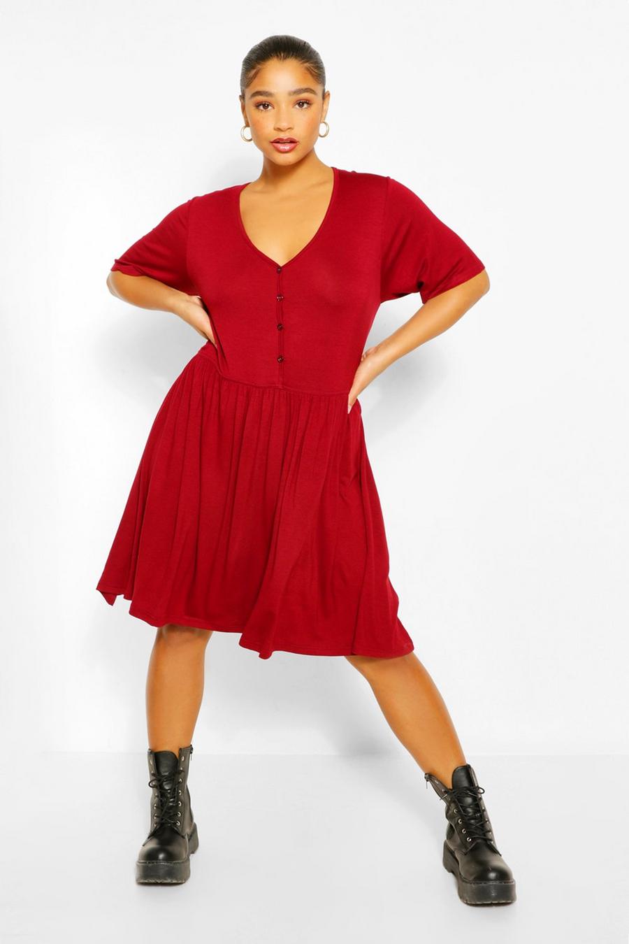 Berry red Plus Button Through Short Sleeve Smock Dress image number 1