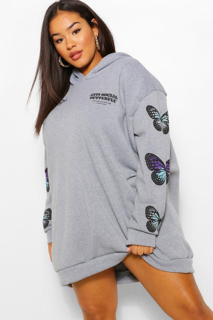 Grey marl Plus Sweatshirtklänning med huva och fjärilar image number 1