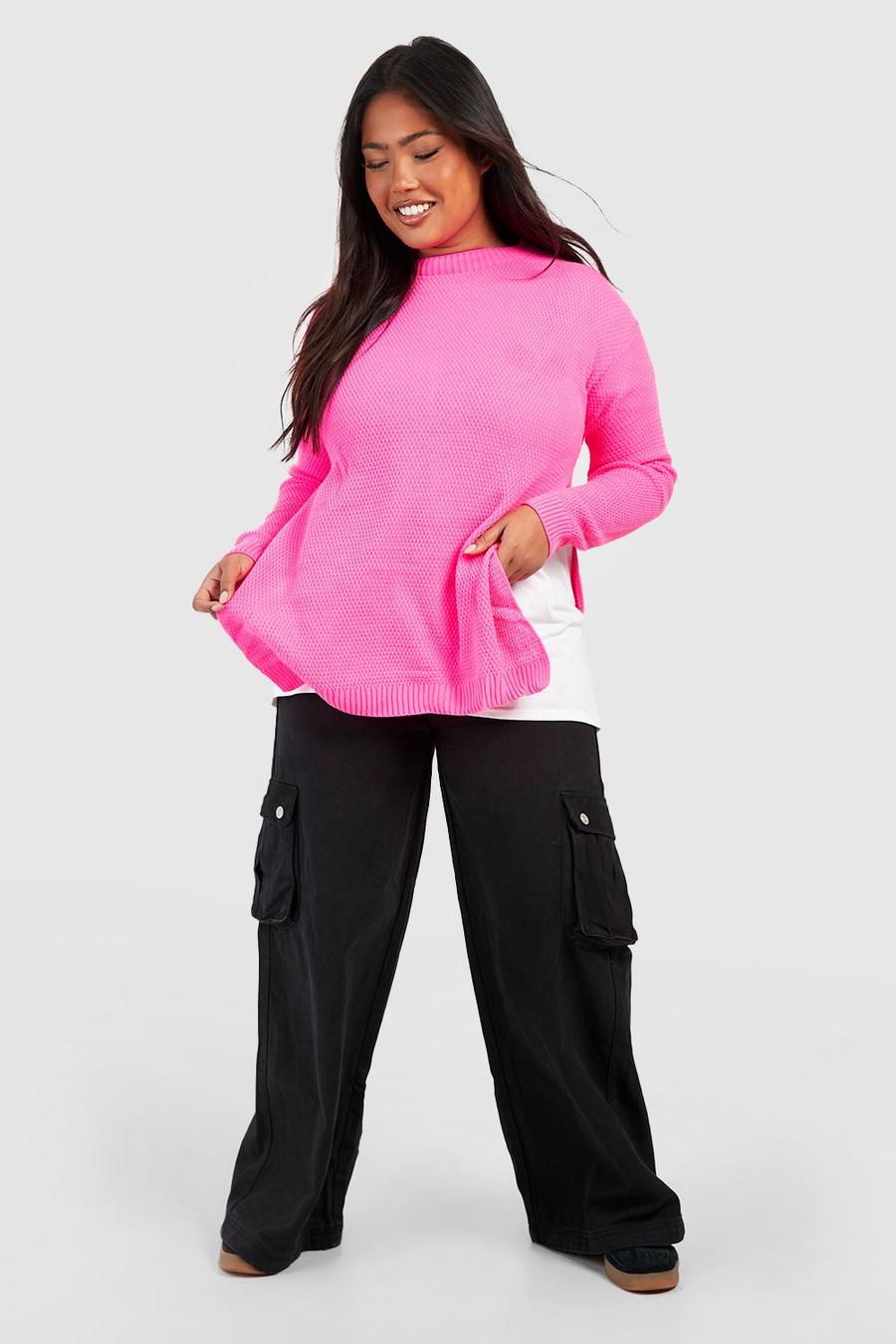 Bright pink Plus - Mosstickad tröja med slitsade sidor image number 1