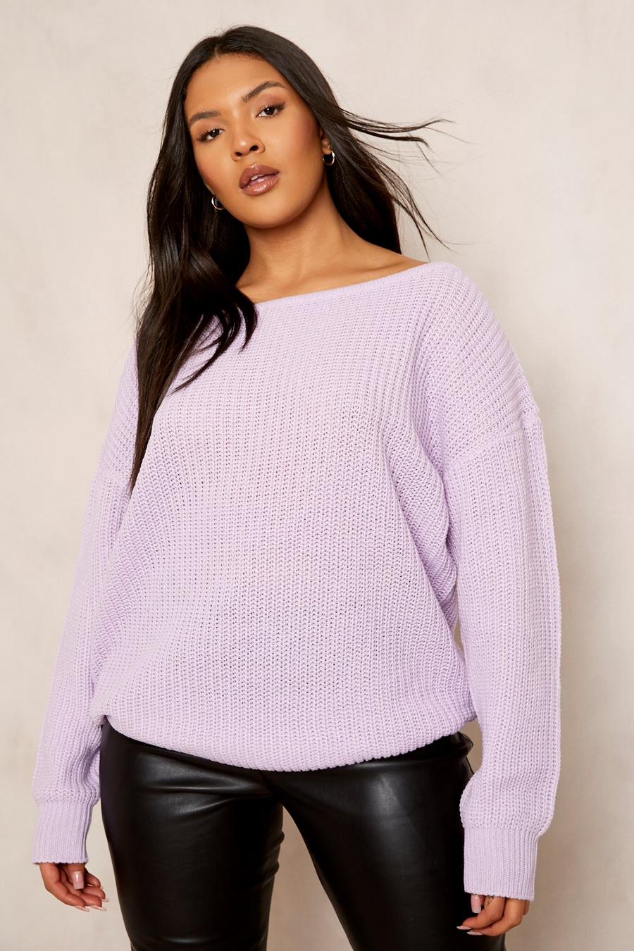 Lilac purple Plus - Oversize stickad tröja med båthals image number 1