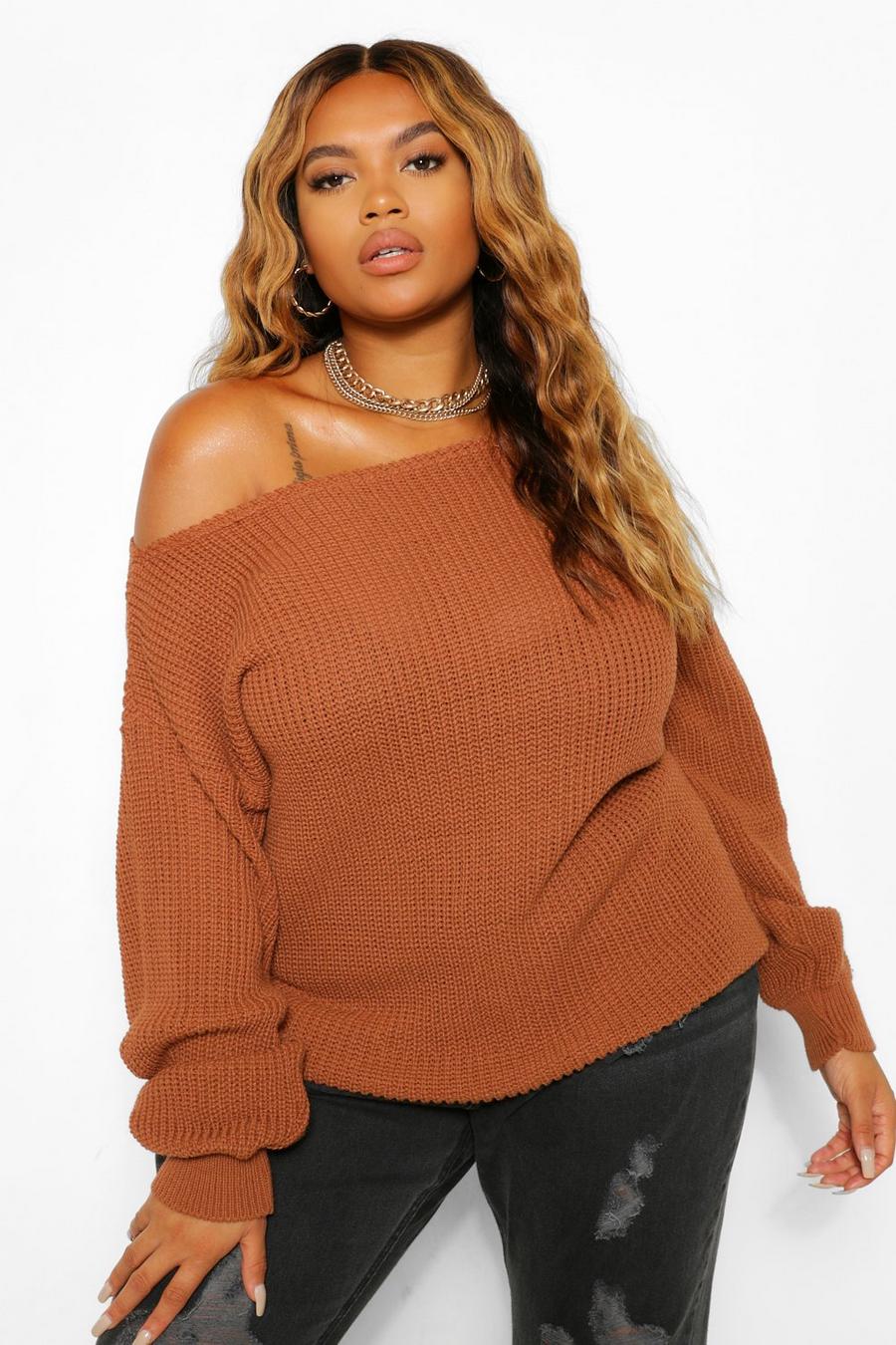 Jersey Plus oversize con escote barco, Toffee beis