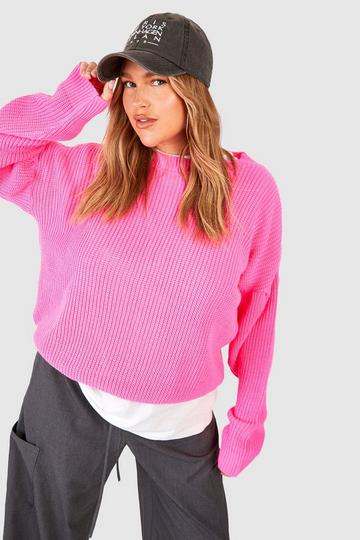Plus Puff Sleeve High Neck Sweater bright pink