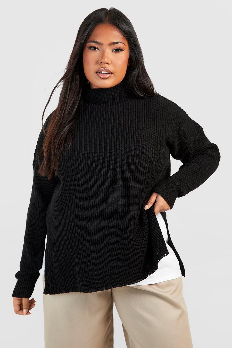 Maglione Plus Size con collo alto e spacco laterale, Nero negro