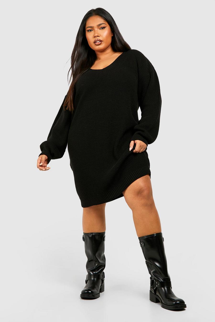 שחור nero שמלת מיני בסגנון סוודר עם צווארון וי מידות גדולות image number 1