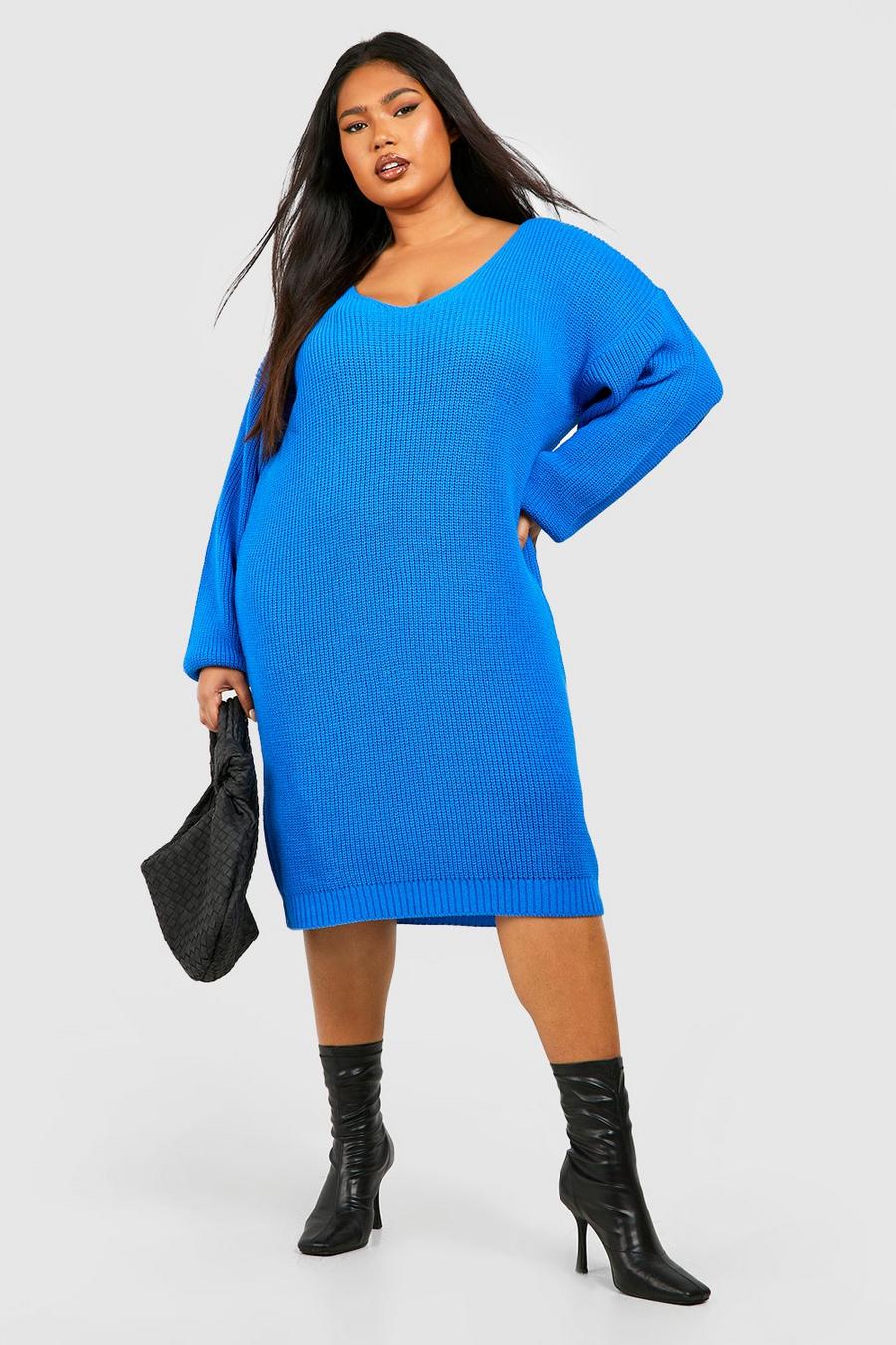 Bright blue שמלת מיני בסגנון סוודר עם צווארון וי מידות גדולות image number 1