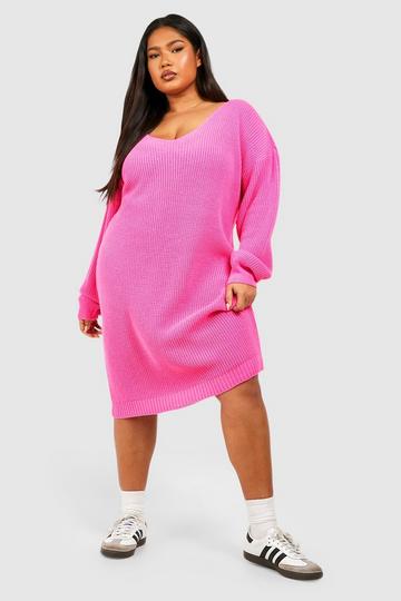 Plus V Neck Sweater Mini Dress bright pink