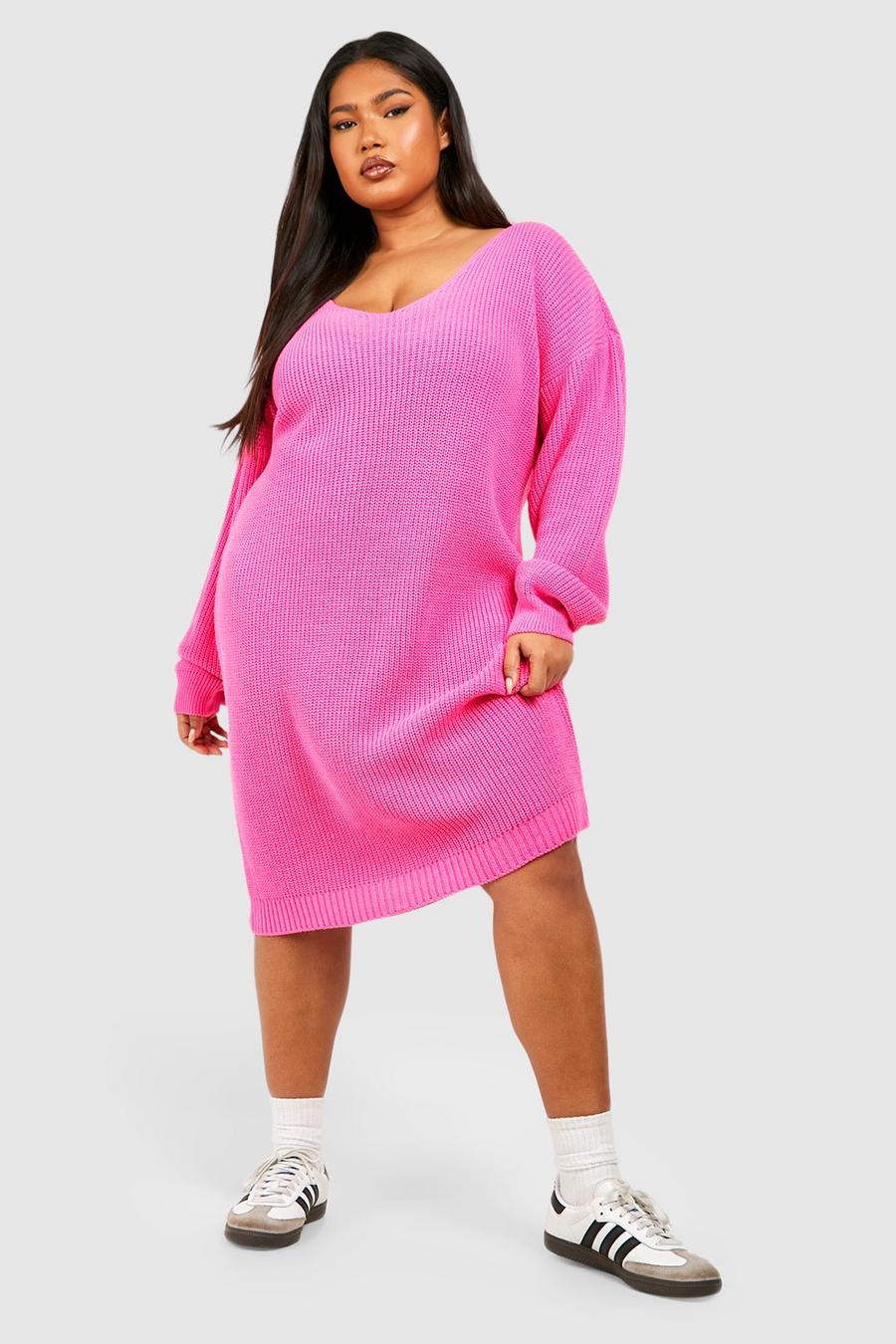 Grande taille - Robe pull courte à col en V, Bright pink image number 1