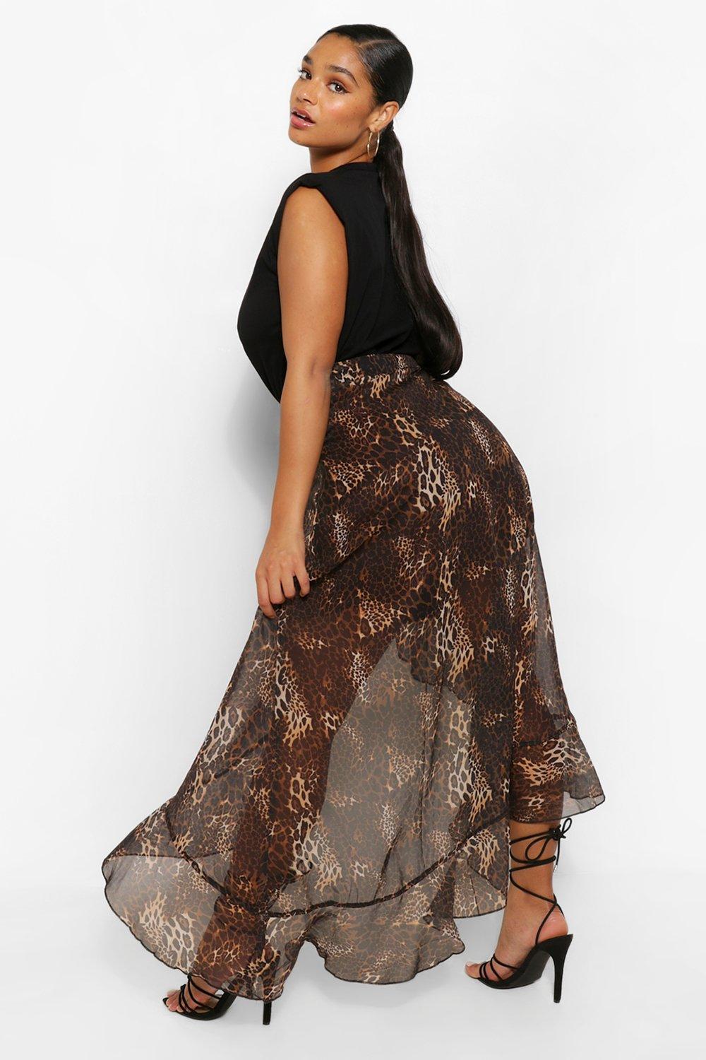 Plus Leopard Print Ruffle Midi Skirt