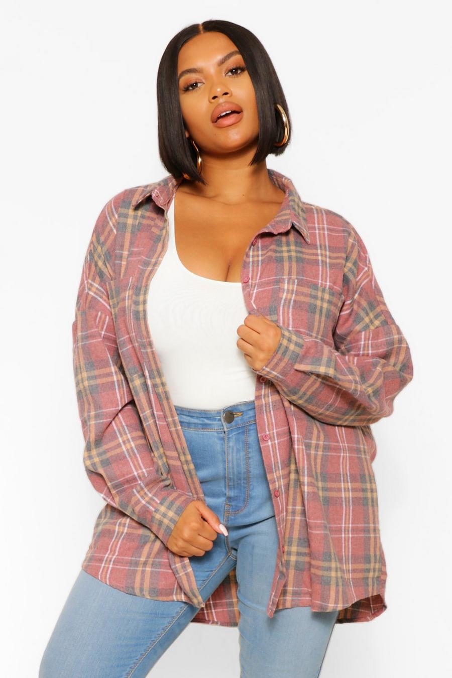 Blush Plus Woman Slogan Oversized Boyfriend Flannel Shirt image number 1