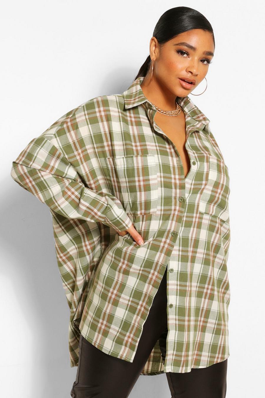 Khaki Plus Oversized Boyfriend Flannel Shirt image number 1