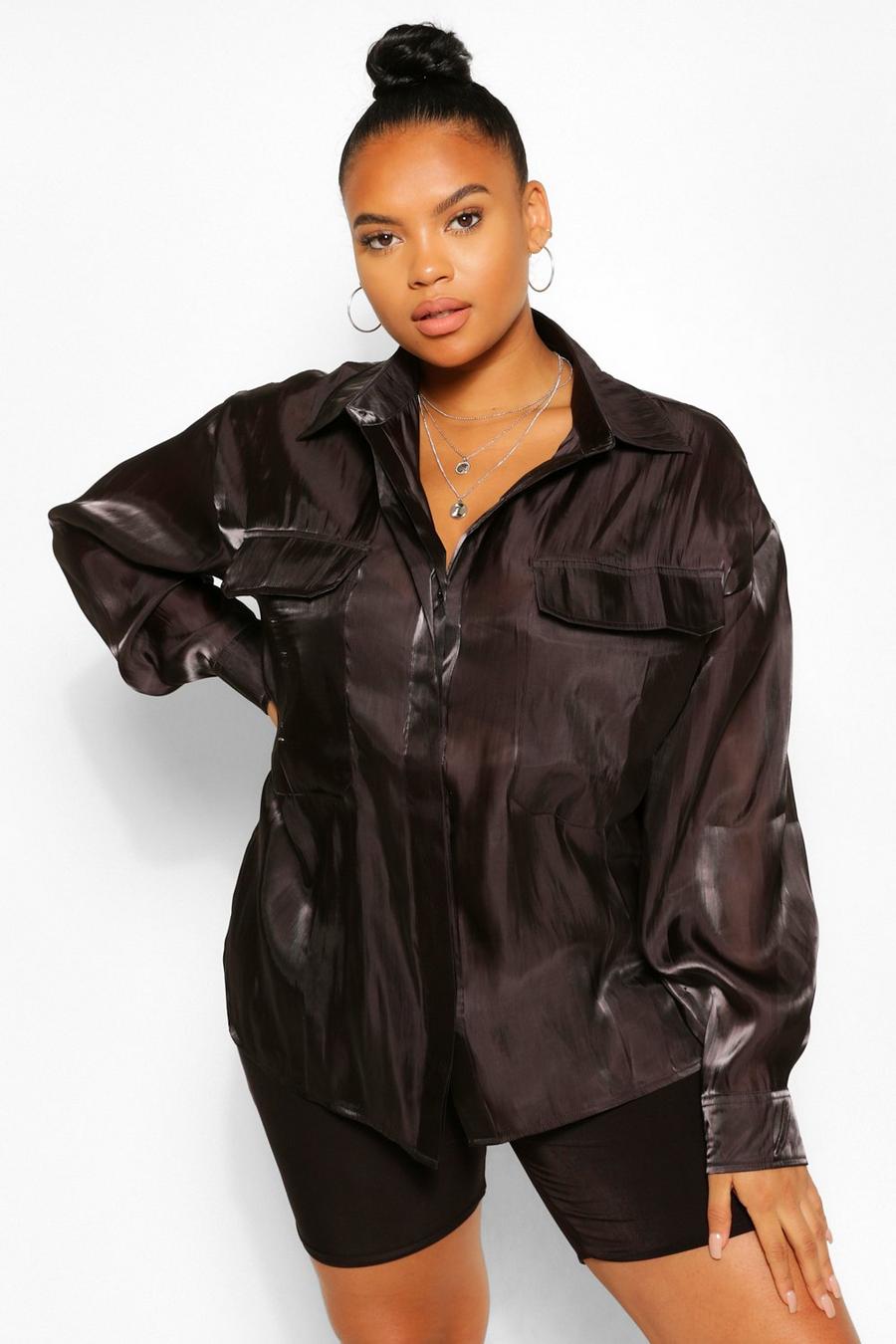 Black Plus Satin Pocket Detail Oversized Shirt image number 1
