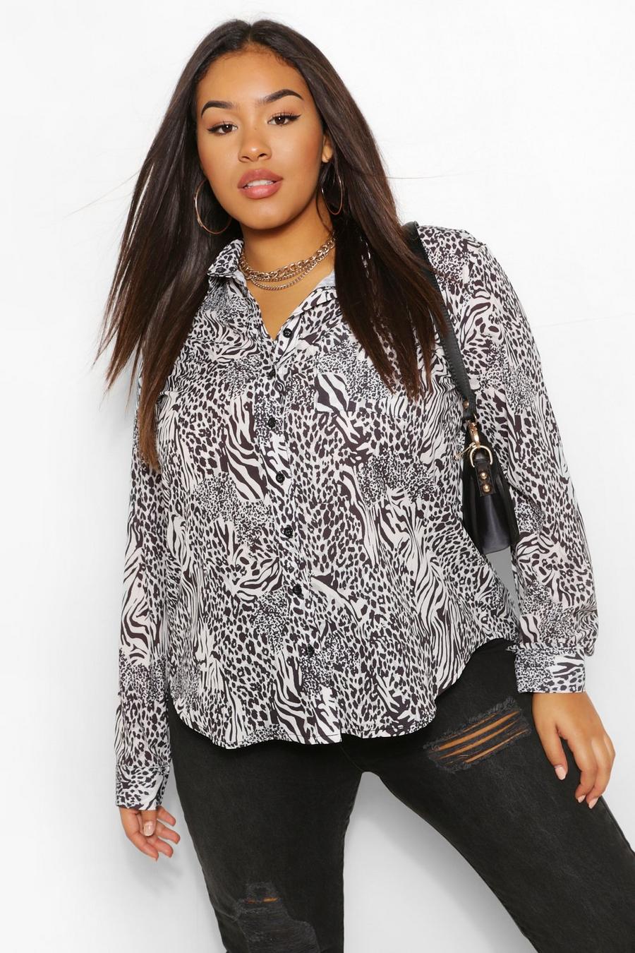 Ivory Plus Animal Print Oversized Shirt image number 1